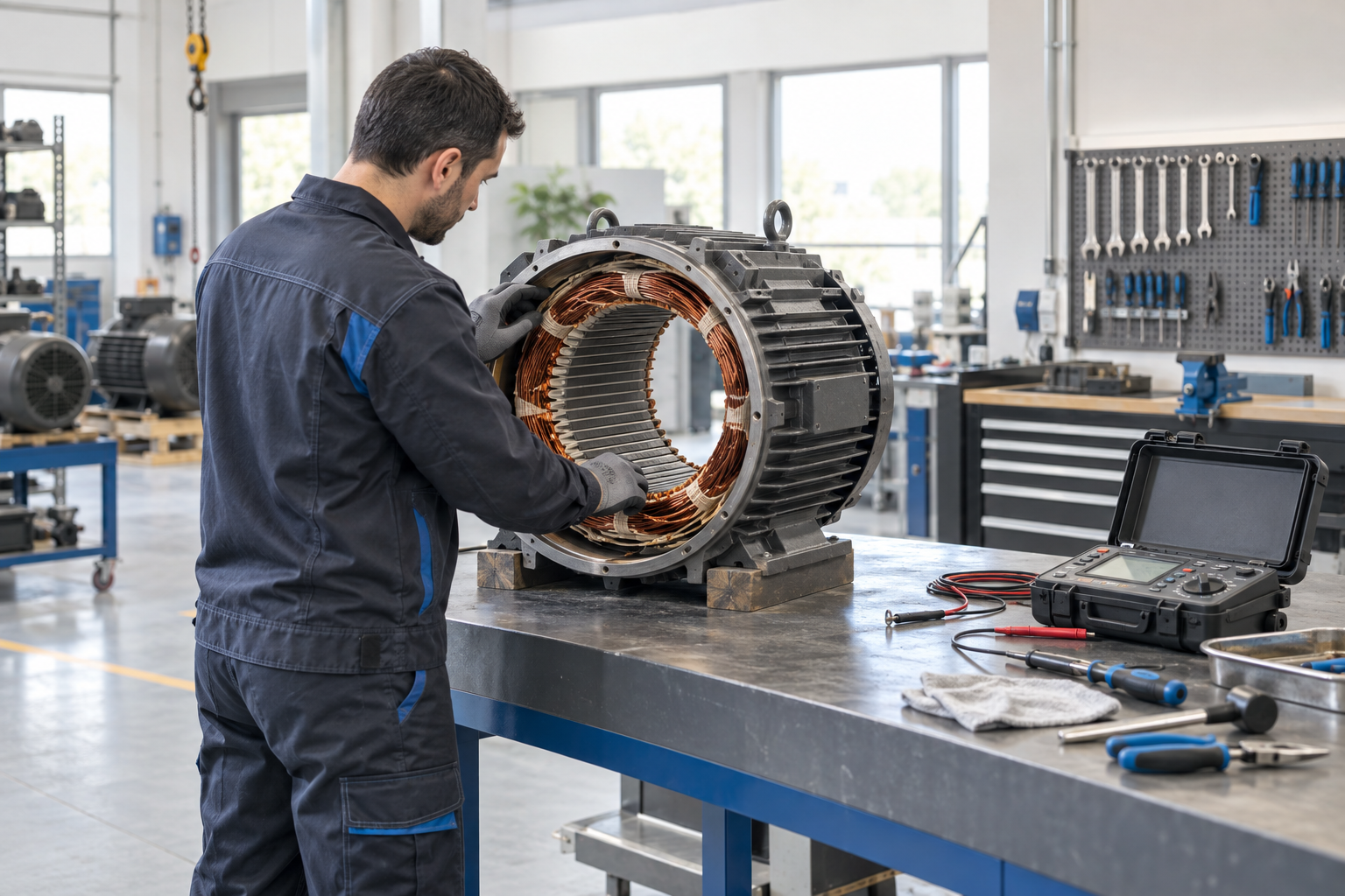 Técnico inspeccionando un motor eléctrico en el taller